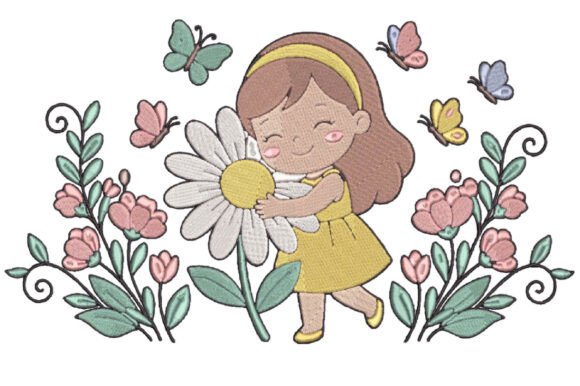 Cute Girl Daisy Embroidery Design
