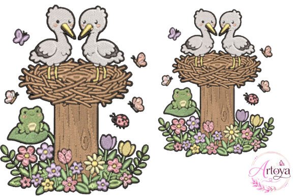 Cute Stork Nest Embroidery Design
